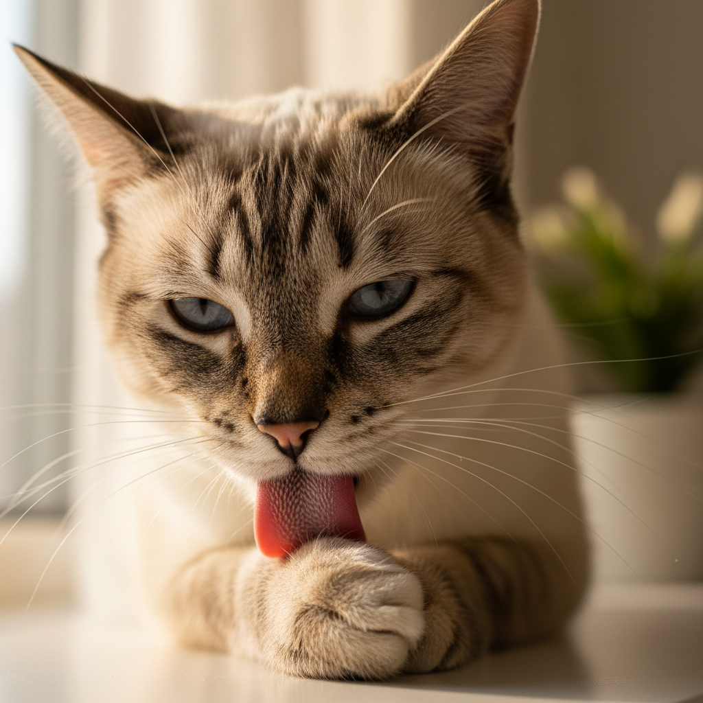 A close-up, macro photography shot of a beautiful Siamese cat compulsively licking its front paw. The focus is sharp on the fur and the cat's intense expression. A small patch of thinning fur is visible, indicating over-grooming. The background is soft and blurred, using a shallow depth of field. The lighting is natural and warm, coming from a nearby window. The mood is one of quiet concern.