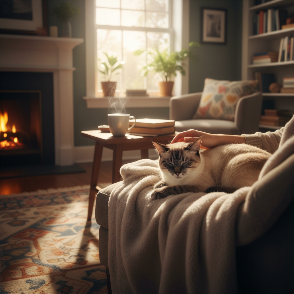 Một khung cảnh ấm áp. Một người đang nhẹ nhàng vuốt ve một chú mèo Xiêm đang thư giãn, ngủ ngon lành trên chiếc chăn mềm mại gần cửa sổ đầy nắng trong một phòng khách ấm cúng, đã được bài trí đầy đủ. Chú mèo trông hoàn toàn mãn nguyện và an toàn. Bầu không khí chung ấm áp, yên bình và tràn ngập tình yêu thương.