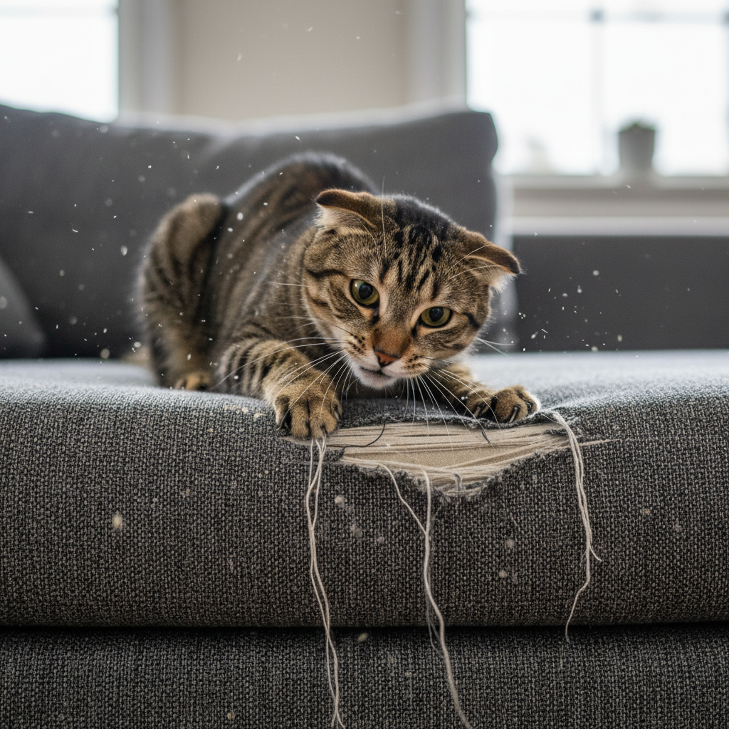 Ảnh chụp cận cảnh một con mèo mướp đang hung hăng cào một chiếc ghế sofa mới, những mảnh vải vụn bay ra. Đôi tai mèo cụp xuống, cơ thể căng cứng. Hậu cảnh được làm mờ nhẹ để tập trung vào trạng thái cảm xúc của con mèo. Không khí căng thẳng và kịch tính.