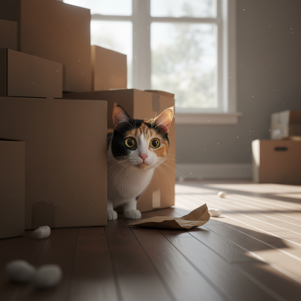 Một chú mèo tam thể xinh đẹp nhưng lo lắng đang thập thò sau một chồng hộp carton chuyển nhà. Căn phòng mới còn trống trải, ánh nắng chiếu qua cửa sổ lớn tạo thành những vệt bóng dài trên sàn. Đôi mắt mèo mở to, phản chiếu sự tò mò xen lẫn sợ hãi. Phong cách hyper-realistic, ánh sáng dịu nhẹ như trong điện ảnh.