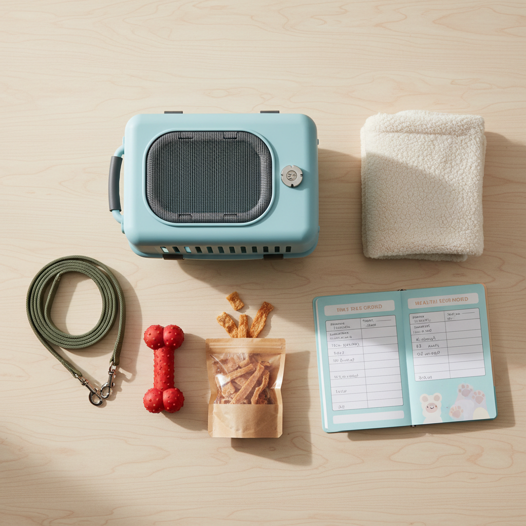 Ảnh chụp flat lay nghệ thuật trên nền gỗ sáng. Các vật dụng được sắp xếp gọn gàng bao gồm: một chiếc lồng vận chuyển nhỏ, một bộ dây dắt và vòng cổ, một món đồ chơi hình xương cao su, một túi bánh thưởng hấp dẫn, một cuốn sổ sức khỏe thú cưng và một chiếc khăn lông mềm mại. Bố cục tối giản, màu sắc hài hòa, ánh sáng tự nhiên.