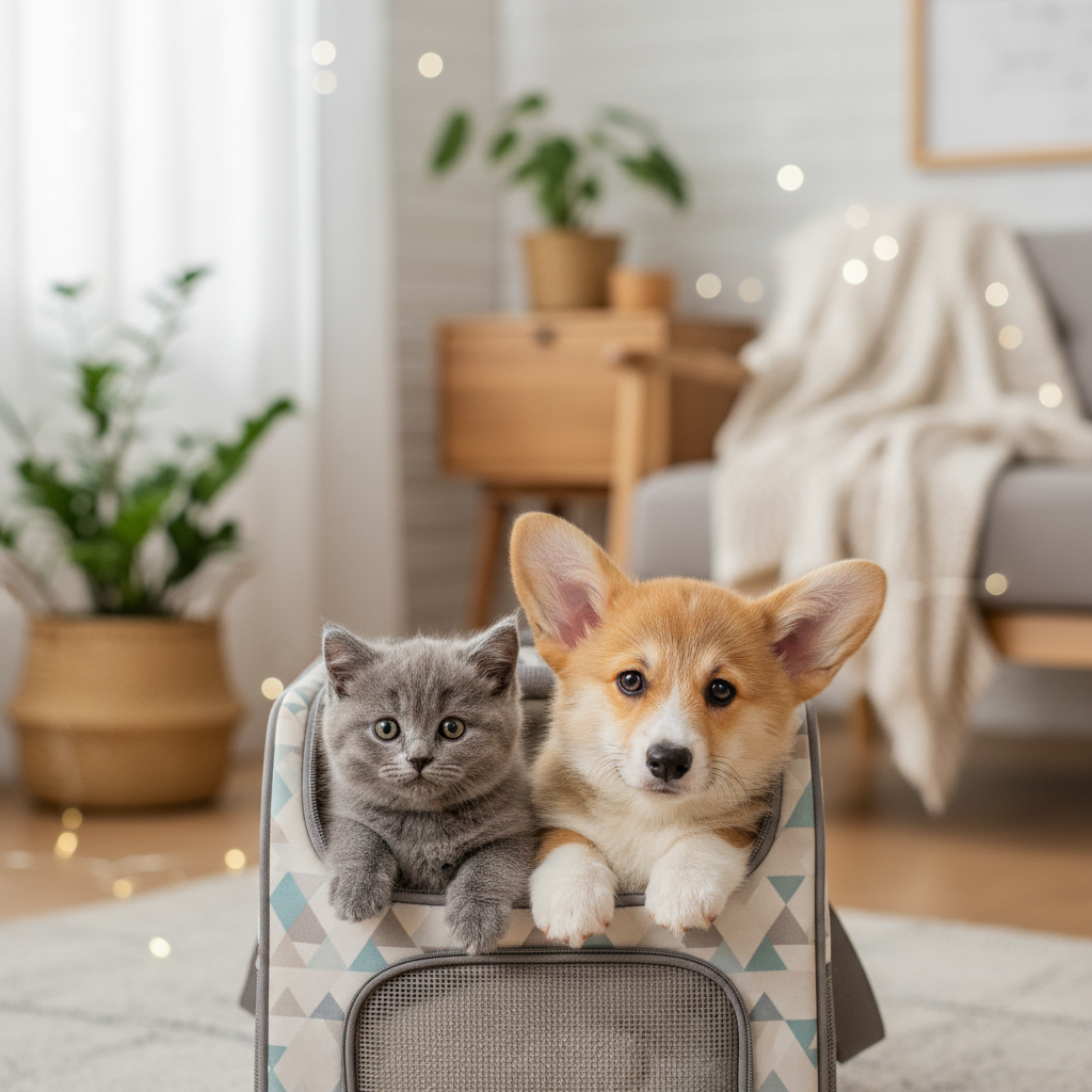 Một chú mèo con Anh lông ngắn màu xám tro và một chú chó Corgi con lông vàng đang tò mò nhìn ra từ một chiếc lồng vận chuyển xinh xắn. Ánh mắt chúng vừa ngây thơ vừa có chút lo lắng. Phông nền là nội thất ấm cúng của một ngôi nhà, ánh sáng tự nhiên dịu nhẹ chiếu vào. Phong cách nhiếp ảnh cận cảnh, ấm áp, bokeh mềm mại.