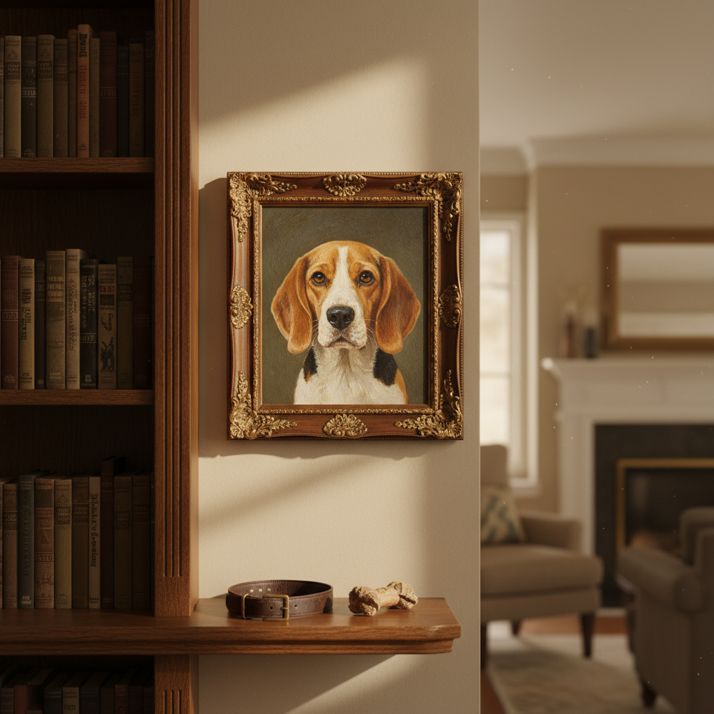 Một bức tranh chân dung của một chú chó Beagle được đóng khung trang trọng, treo trên tường phòng khách bên cạnh một kệ sách. Một tia nắng nhẹ chiếu lên bức tranh. Bên dưới, trên kệ, là một chiếc vòng cổ và món đồ chơi yêu thích của chú chó. Khung cảnh tĩnh lặng, đầy tôn kính và yêu thương. Chụp ảnh theo phong cách điện ảnh, tông màu ấm.
