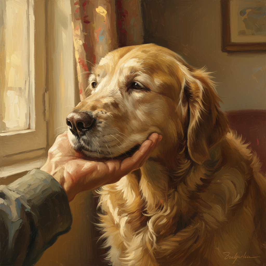 Một bức tranh sơn dầu kỹ thuật số cận cảnh, chi tiết về một chú chó Golden Retriever già đang dụi đầu vào tay chủ. Ánh sáng ấm áp từ cửa sổ chiếu vào, tạo nên không khí hoài niệm và yêu thương. Phong cách nghệ thuật cổ điển, giàu cảm xúc, với các nét cọ có thể nhìn thấy rõ.