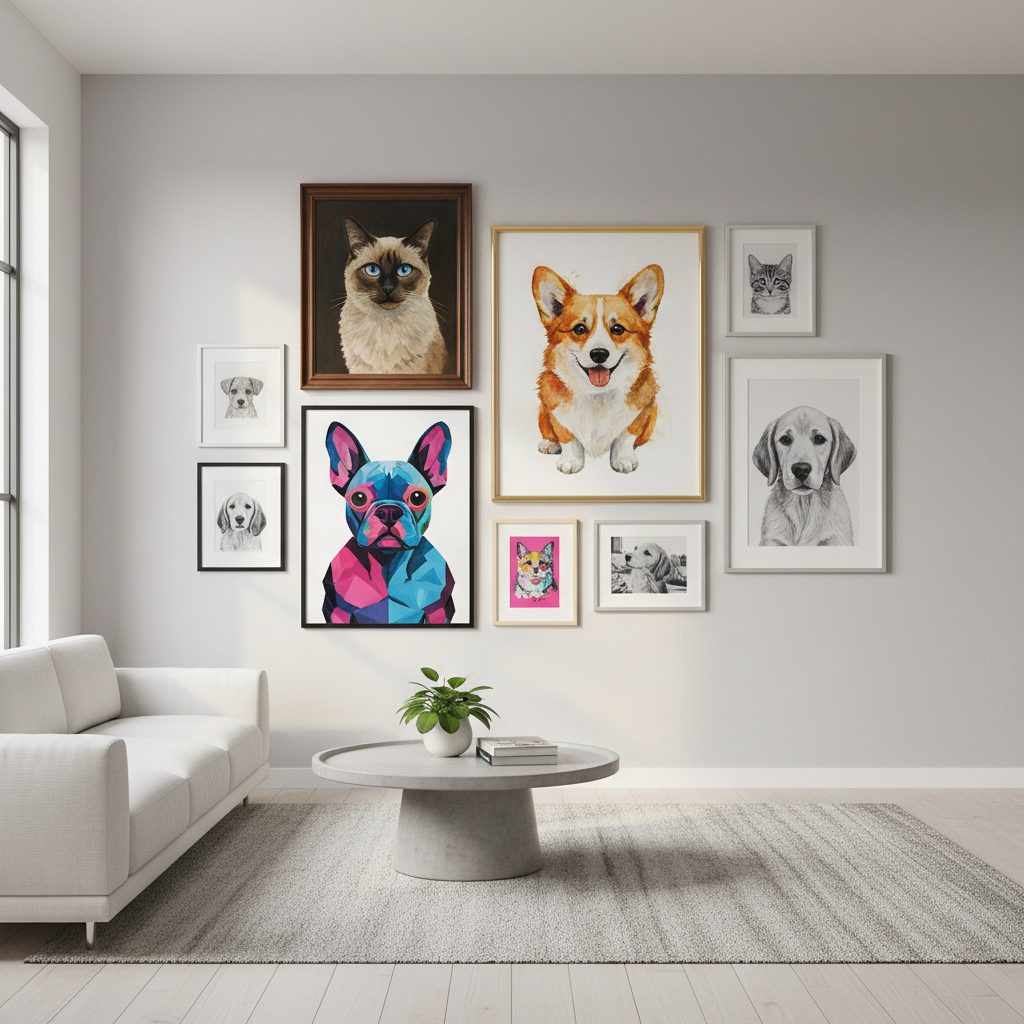 A stylish gallery wall in a modern, minimalist living room. The wall features several pet portraits of different breeds of dogs and cats, showcased in various artistic styles: a vibrant watercolor of a Corgi, a classic oil painting of a Siamese cat, and a modern digital art piece of a French Bulldog. The frames are elegant and varied, creating a visually appealing and personal display. Natural light from a nearby window illuminates the art. Style: Interior design photography, clean, bright.