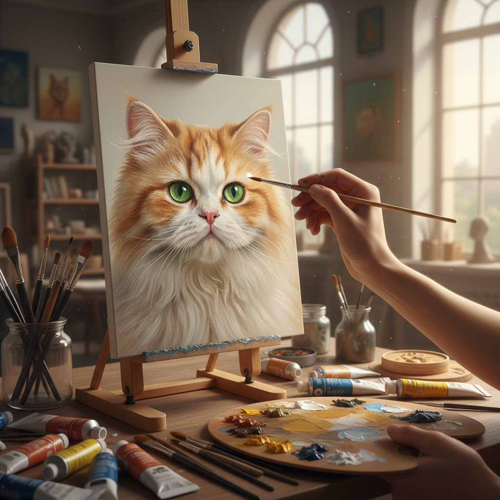 An artist's hands delicately painting a portrait of a fluffy Persian cat on a canvas in a well-lit studio. The canvas shows a highly detailed and lifelike cat face. Paint tubes, brushes, and a palette with mixed colors are scattered around. The focus is on the brush adding a final highlight to the cat's eye, capturing its soul. Style: Artistic, detailed, soft focus background.