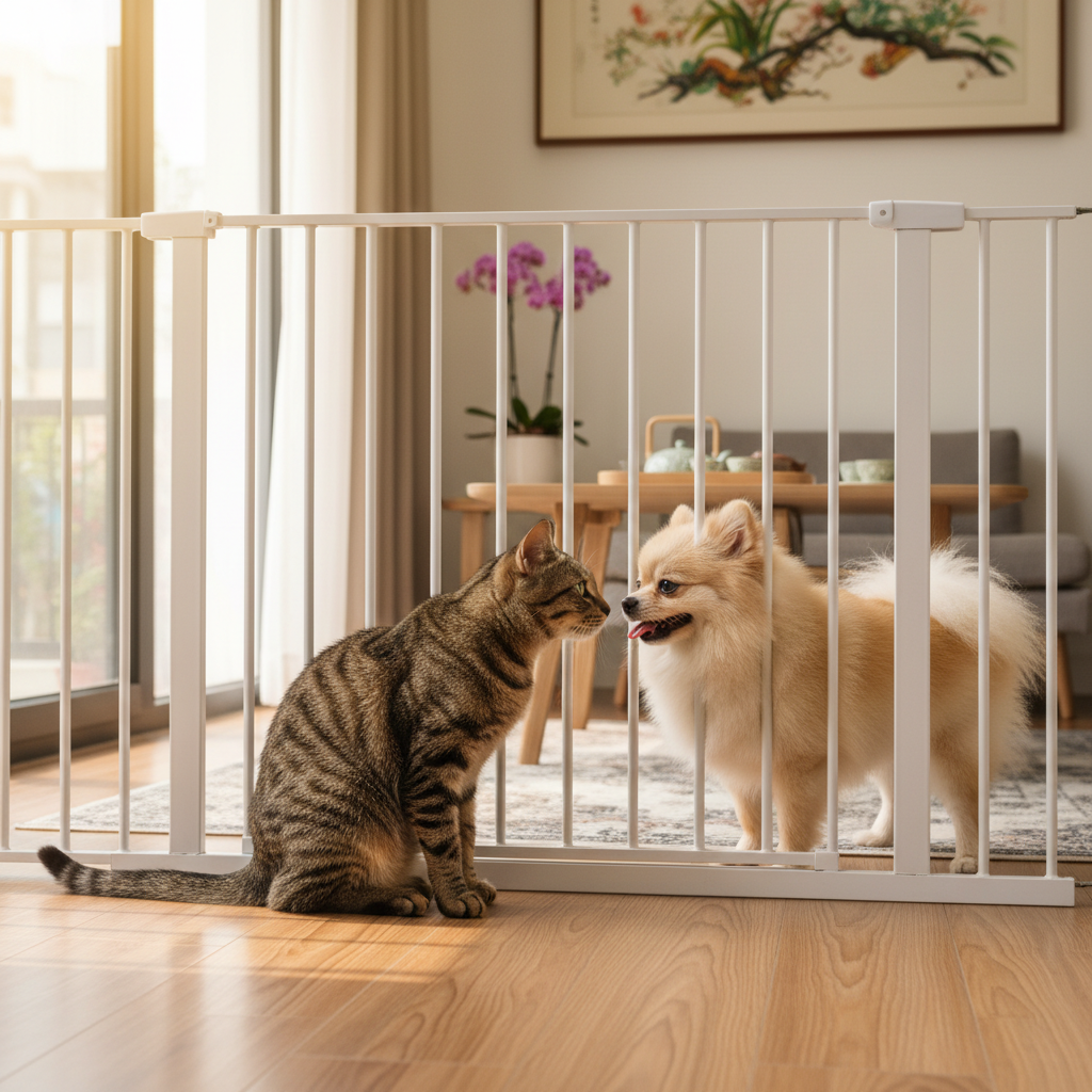 A high-quality, 4k photorealistic photo taken from a low angle inside a well-lit Vietnamese home. A calm adult Vietnamese domestic cat (mèo ta) is sitting gracefully on one side of a white baby gate, looking curiously at a friendly, fluffy Pomeranian dog (chó Phốc Sóc) on the other side. The interaction is calm and inquisitive, not aggressive. Natural light streams in from a nearby window, creating a soft and peaceful atmosphere.