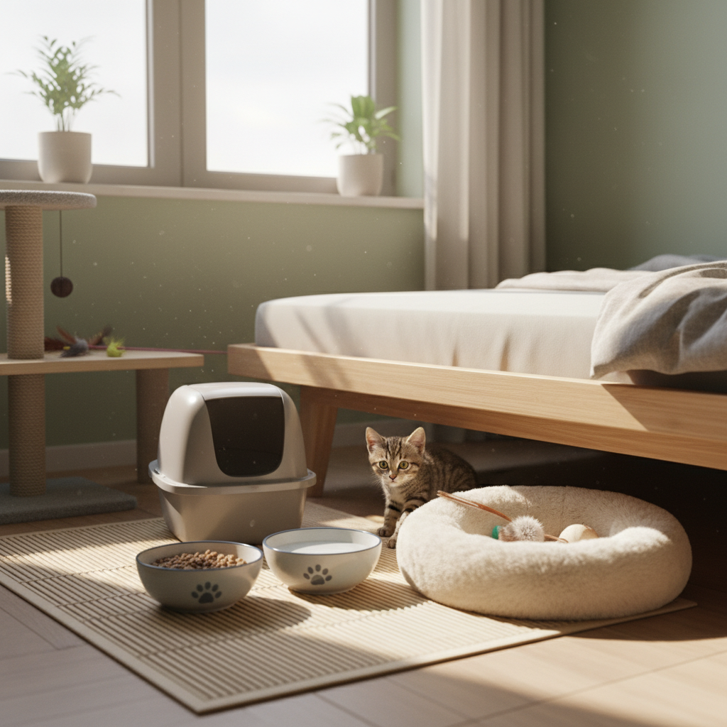 A photorealistic, 4k quality, sharp image of a cozy, sunlit spare room in a modern Vietnamese apartment prepared for a new kitten. The room contains a clean litter box, stylish ceramic bowls for food and water, a soft plush bed, and a few simple cat toys. A small, adorable Vietnamese domestic tabby kitten (mèo mướp) is cautiously peeking out from under the bed. The style is warm, inviting, and captures a real-life moment.