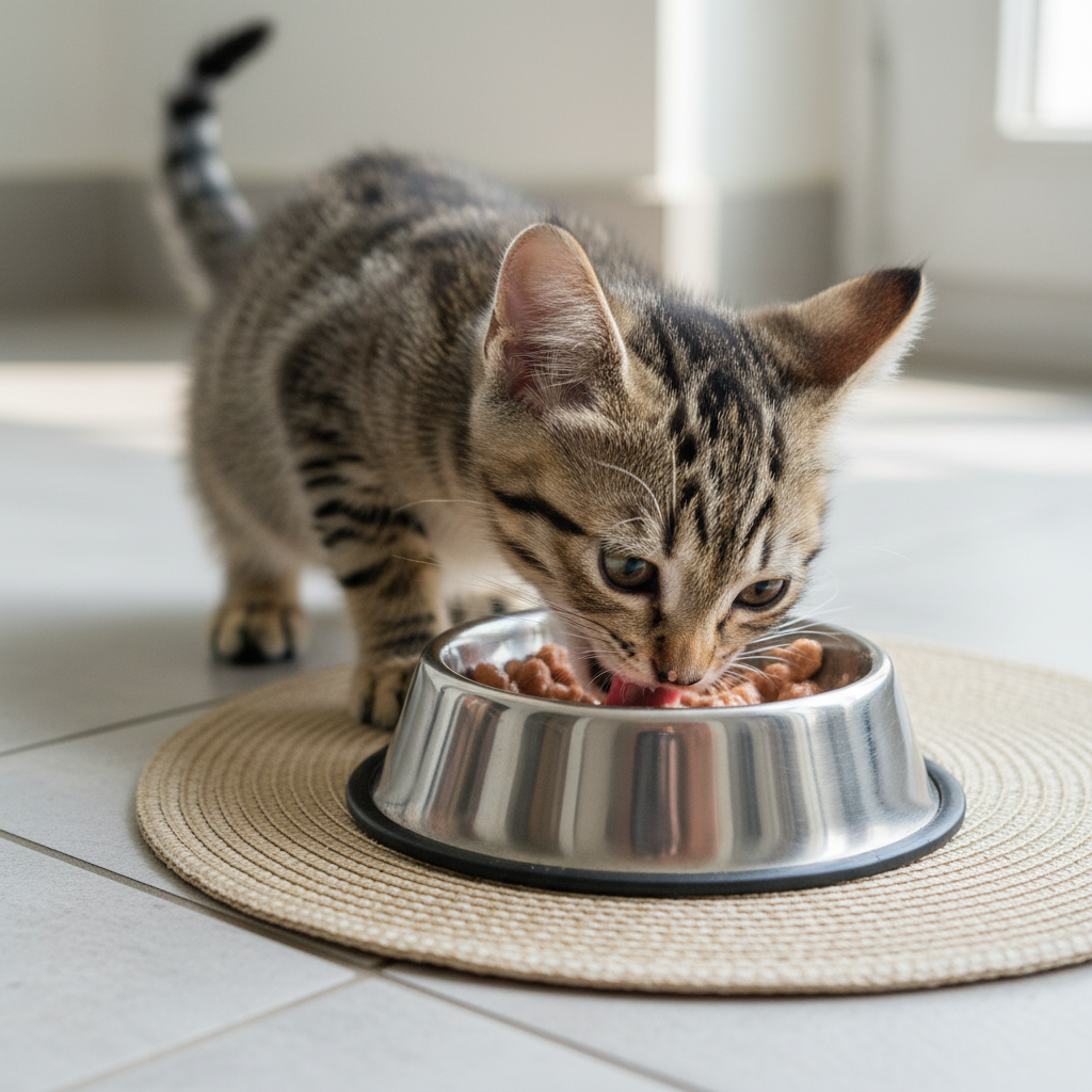 Photorealistic, 4k close-up shot of an adorable Vietnamese tabby kitten (mèo mướp) eagerly eating wet food from a clean, shallow stainless steel bowl. The bowl is placed on a simple mat on a tiled floor. Soft, natural light from a window highlights the kitten's glossy fur.
