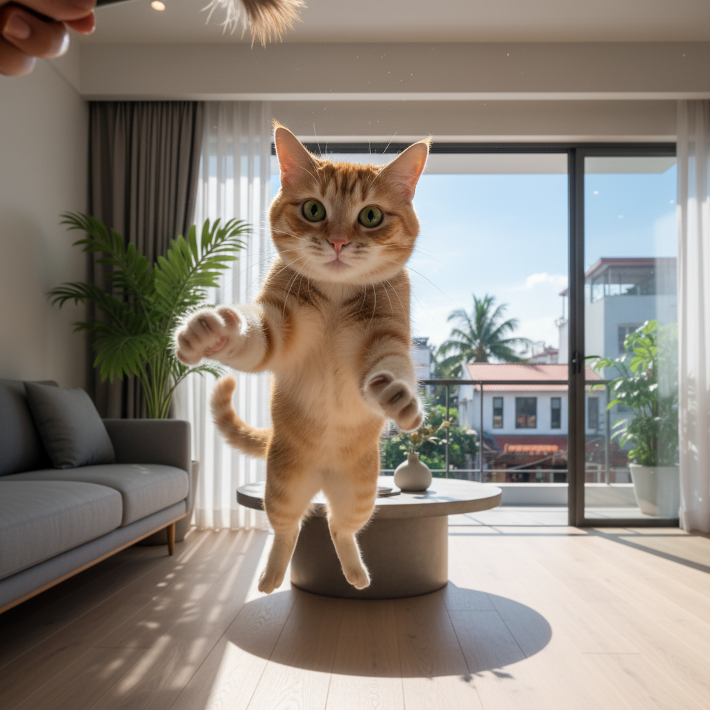 Photorealistic, 4k action shot from a low angle. A playful ginger cat is leaping in the air inside a modern Vietnamese apartment living room, trying to catch a feather wand held by a person just out of frame. The cat's eyes are wide with excitement. The background shows a clean, minimalist interior.