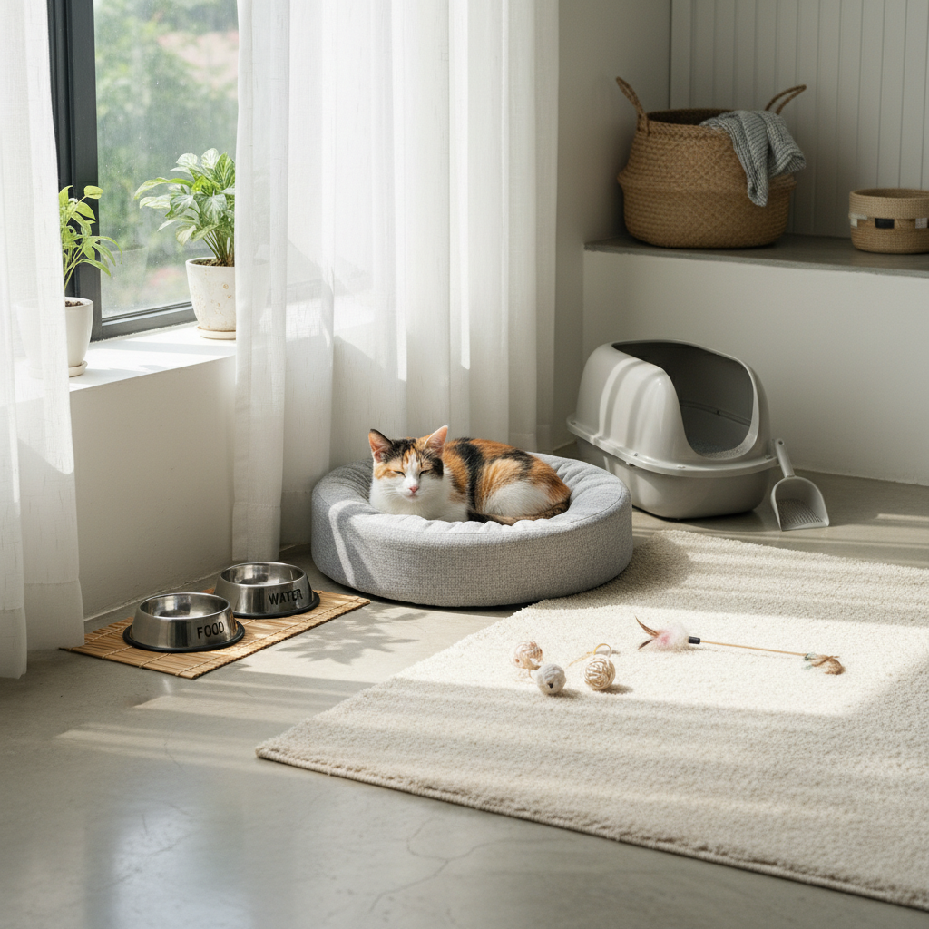 Photorealistic, 4k high-detail photo of a cozy and well-prepared safe room for a new cat. The room is a quiet corner of a modern Vietnamese home, with soft natural light from a window. In the corner, there's a plush, comfortable cat bed where a small, cute Vietnamese domestic cat (mèo ta) is resting. Nearby, there are separate stainless steel bowls for food and water. In the far corner, a clean, modern litter box is placed. A few simple cat toys are on a soft rug. The scene is peaceful, clean, and welcoming.
