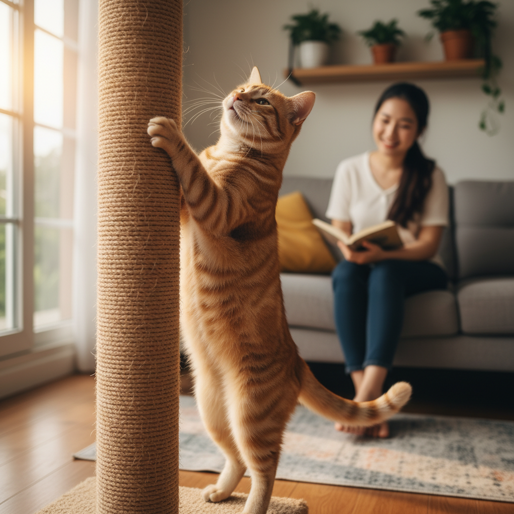 An adorable ginger tabby cat is enthusiastically stretching its body while scratching a tall sisal rope scratching post inside a sunlit living room. A young Vietnamese woman is smiling fondly in the background, slightly out of focus. Photorealistic, lifestyle photo, 4k, sharp details on the cat and scratching post.