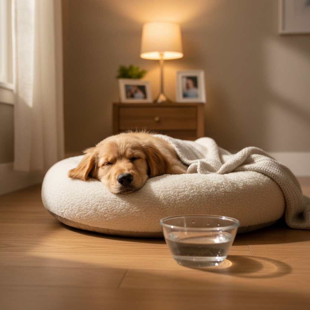 A photorealistic, 4k, eye-level shot of a sick golden retriever puppy sleeping peacefully in a comfortable, clean dog bed. A fresh bowl of water is placed next to the bed. The room is quiet and has warm, gentle lighting, conveying a sense of care and safety.
