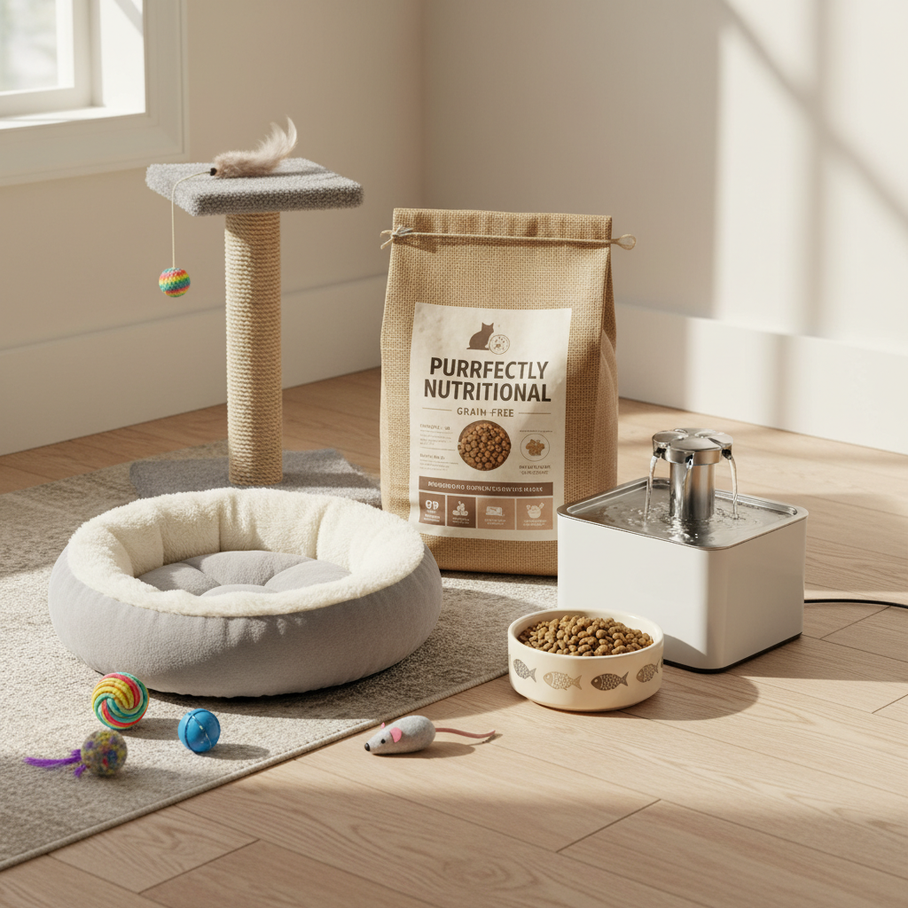 A beautifully arranged collection of essential cat supplies on a clean, light-colored wooden floor. Items include a bag of premium cat kibble, a ceramic food bowl, a water fountain, a comfortable cat bed, a scratching post, and some colorful cat toys. The scene is bright and welcoming. Photorealistic, real-life photo style, 4k, sharp focus, warm lighting.