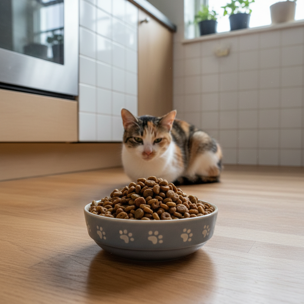 A close-up, photorealistic, 4k photo focusing on a full bowl of kibble left untouched. In the soft-focus background, a beautiful Vietnamese domestic shorthair cat is curled up in a corner, looking sad and unwell. The scene is in a clean, brightly lit kitchen.