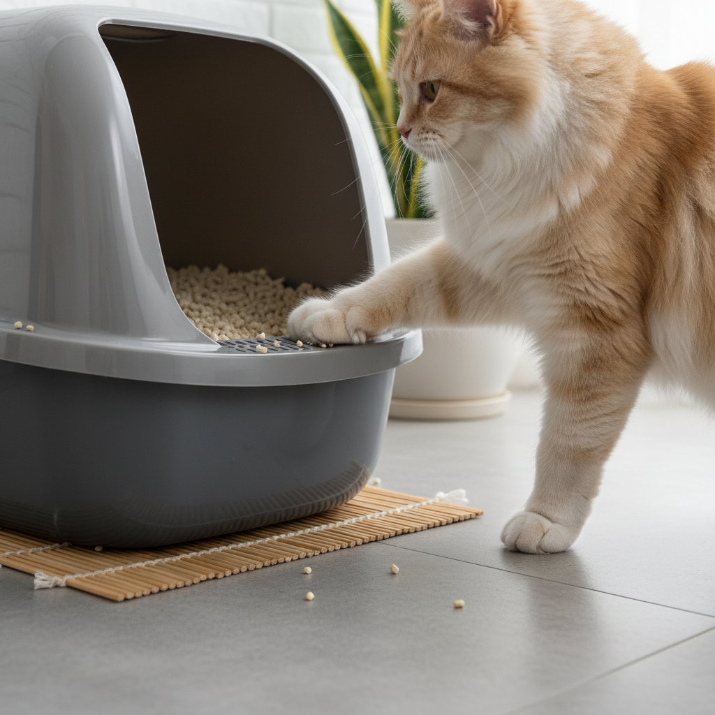 A cute Vietnamese domestic shorthair cat (mèo ta) is stepping out of a clean, modern grey litter box filled with tofu cat litter. The surrounding area is tidy. The photo is taken from a low angle, focusing on the cat's fluffy paws. Photorealistic, real-life photo style, bright indoor lighting, 4k, sharp focus.