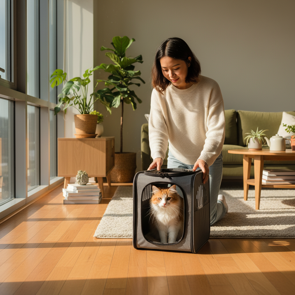 photorealistic 4k photo, a young Vietnamese woman gently places a cat carrier on the floor of a sunlit, cozy living room in a modern apartment. Inside the carrier, a slightly nervous but curious domestic shorthair cat peeks out. The scene is warm and welcoming.