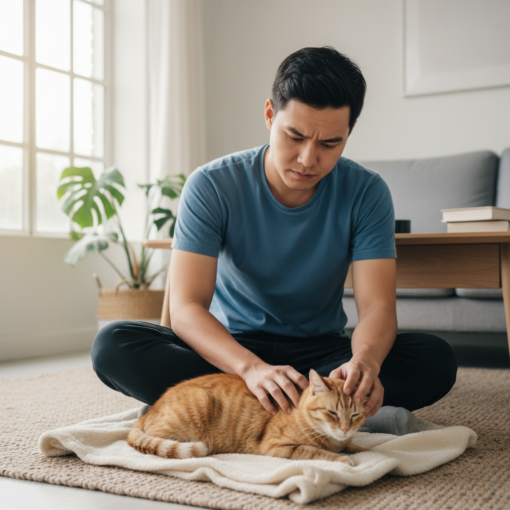A photorealistic, 4k image of a young Vietnamese man sitting on the floor, his face full of concern as he gently strokes his lethargic tabby cat lying on a rug in a modern living room. The lighting is soft and natural, coming from a window, highlighting the worried expression of the owner.