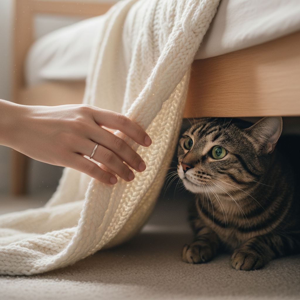 photorealistic 4k close-up shot, a young Asian woman's hand gently offers a soft blanket to a shy tabby cat. The cat is peeking out from under a bed, cautiously sniffing the blanket. The lighting is soft and natural, emphasizing the texture of the blanket and the cat's fur.