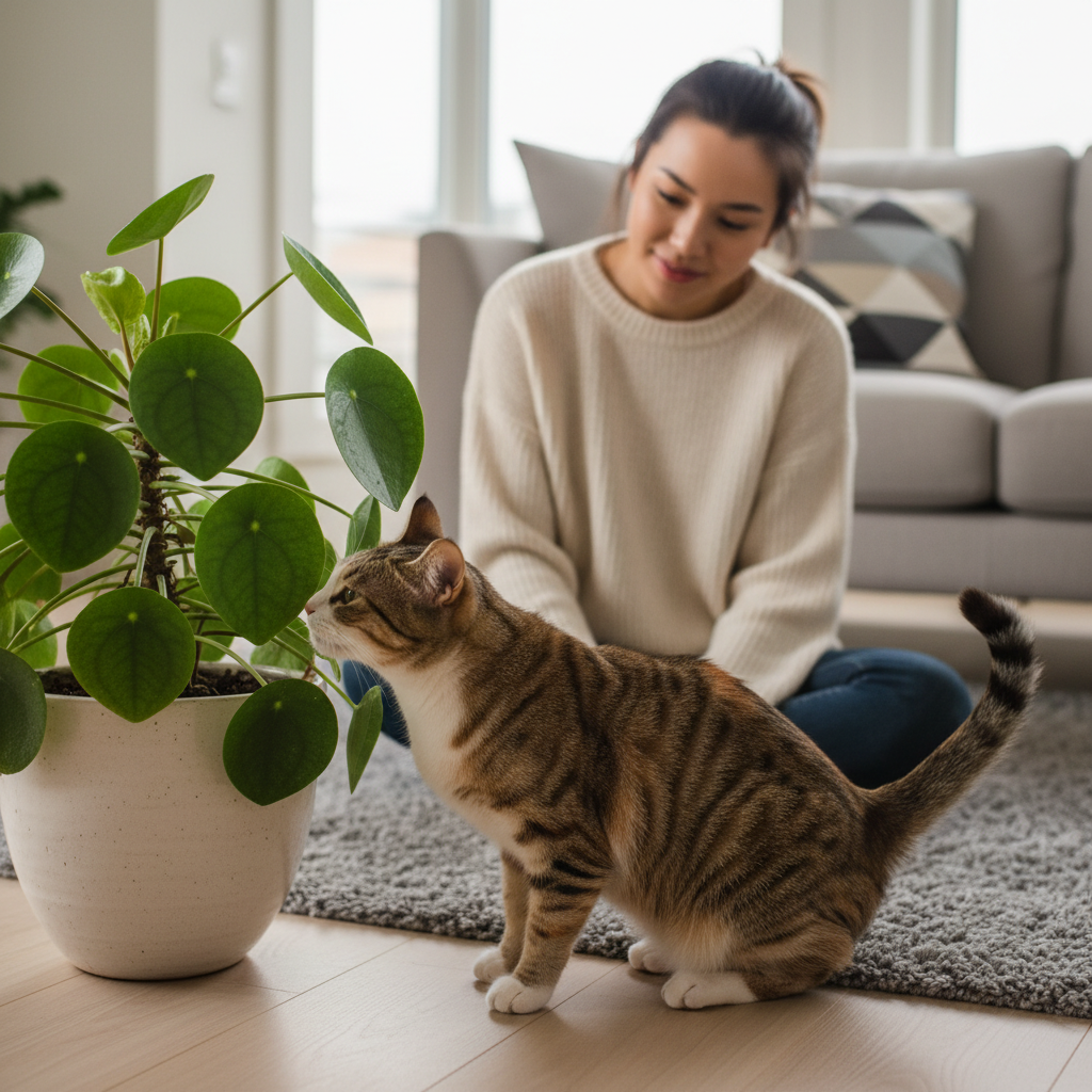 photorealistic 4k photo, a sleek and curious Vietnamese Bobtail cat is cautiously exploring a bright, modern living room. It is sniffing a safe houseplant in a ceramic pot. In the background, slightly out of focus, its young Vietnamese owner is sitting on the floor, watching with a gentle and patient smile.