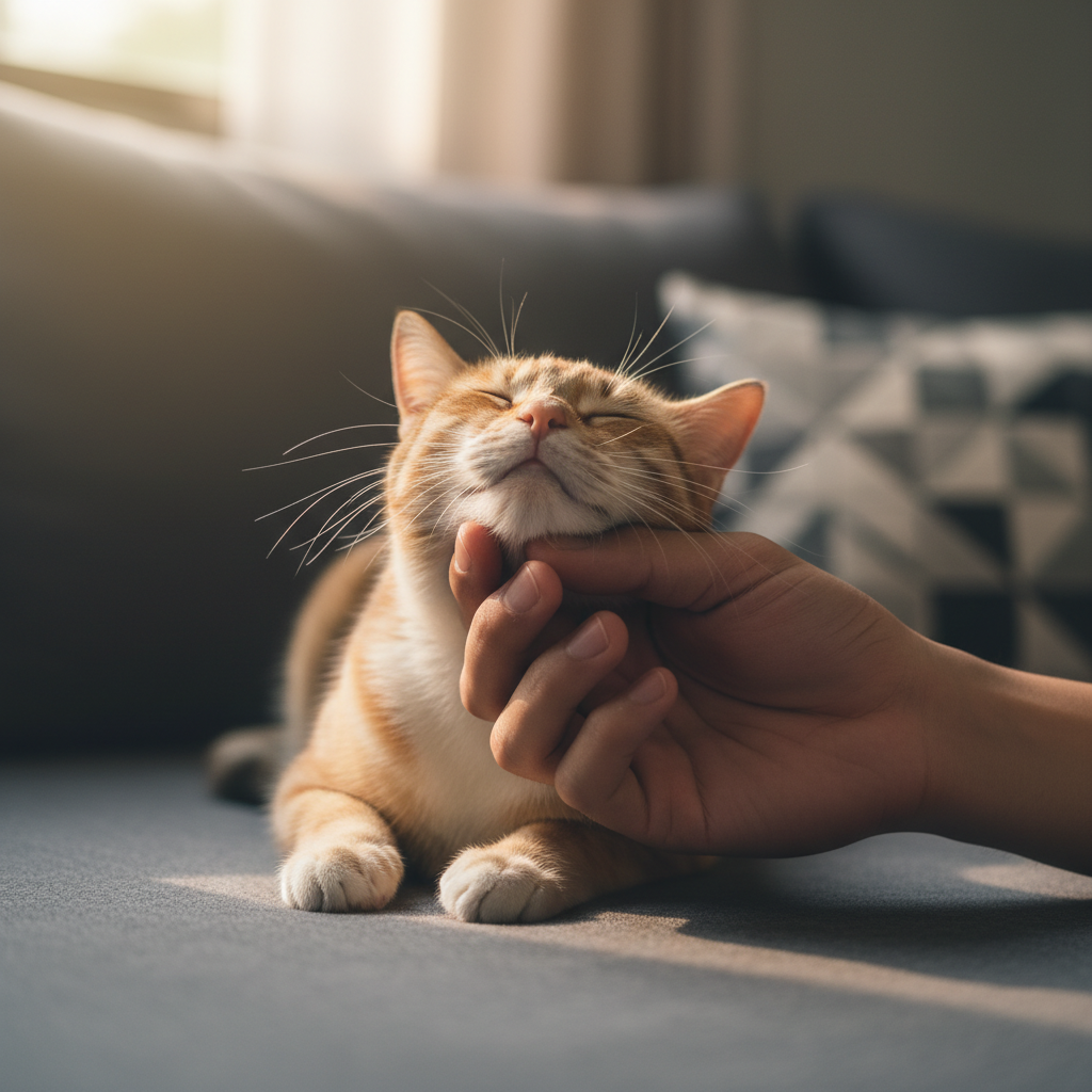 photorealistic 4k heartwarming close-up shot, a young Vietnamese man's hand is gently scratching the chin of a relaxed calico cat. The cat is lying on a soft grey sofa, eyes closed in pleasure, purring. The lighting is warm and soft, highlighting the affectionate bond between them.