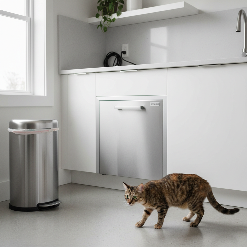 A real-life photo, 4k quality, of a modern, clean kitchen that has been cat-proofed. All cleaning supplies are in a child-proof locked cabinet under the sink. There are no food scraps on the counters, and the trash can has a secure lid. A curious Vietnamese tabby cat is cautiously exploring the floor, but everything is safely out of its reach.