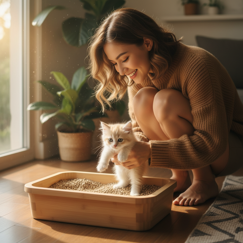 A warm, lifestyle photo in 4k of a young Vietnamese woman smiling as she gently places a small, fluffy kitten into a low-sided litter box. The litter inside is visibly natural and soft. The scene is full of care and affection.