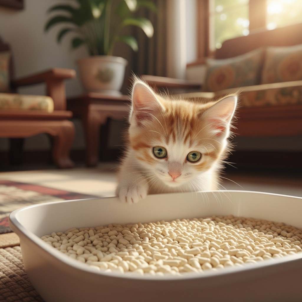 A photorealistic, 4k close-up shot of a tiny, adorable kitten with big curious eyes, cautiously sniffing a clean, new litter box filled with natural tofu litter. The background is a warm, cozy Vietnamese home interior, slightly blurred.