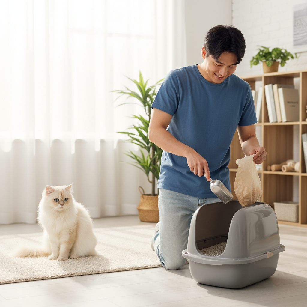 A real-life, heartwarming 4k photo of a young Asian man smiling as he scoops a clean cat litter box in his home. His fluffy Persian cat is sitting peacefully nearby, looking content. The scene is bright and conveys a sense of cleanliness and pet care.