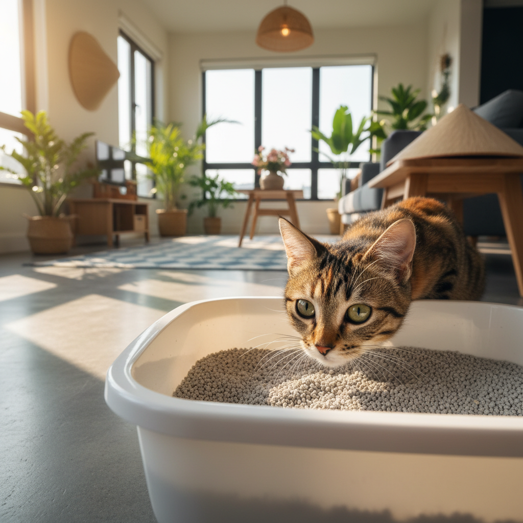 Photorealistic 4k shot of a cute tabby cat curiously sniffing a brand new, clean litter box filled with grey cat litter in a modern, brightly lit Vietnamese apartment living room.
