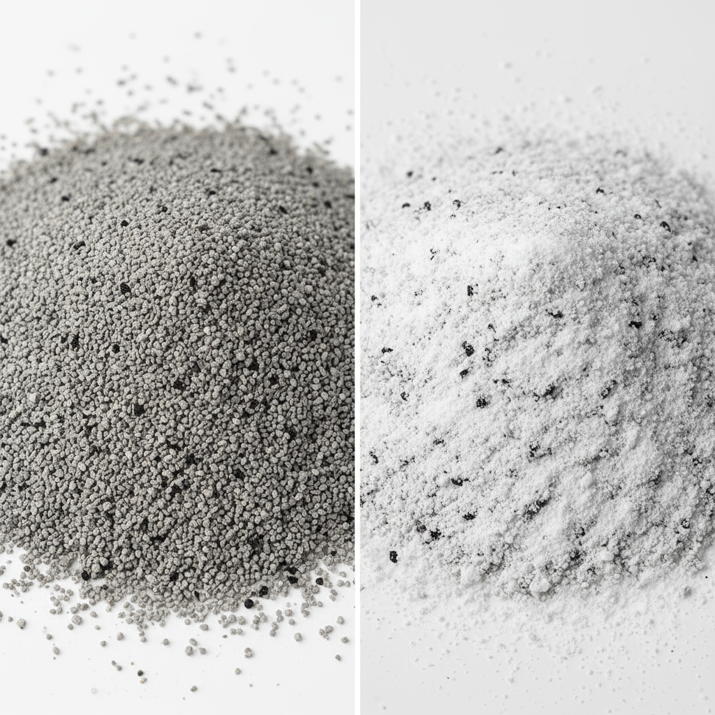 Macro 4k photorealistic photo showing a split view comparison of two types of cat litter. On the left, grey bentonite litter with visible black specks of activated carbon. On the right, the same litter with fine white baking soda powder mixed in. The lighting is clean and clinical.