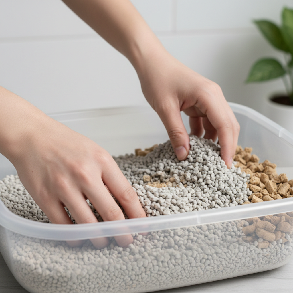 Photorealistic, 4k, close-up shot of a young Vietnamese person's hands gently mixing two different types of cat litter in a clean plastic litter tray. One litter is light gray clay, the other is light brown tofu litter. Bright, clean lighting.