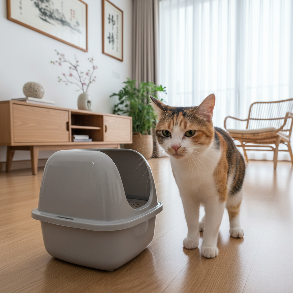 Photorealistic, 4k, a beautiful domestic shorthair cat sniffing its litter box with a skeptical and unhappy expression. The background is a clean, modern Vietnamese home interior. Soft, natural lighting.
