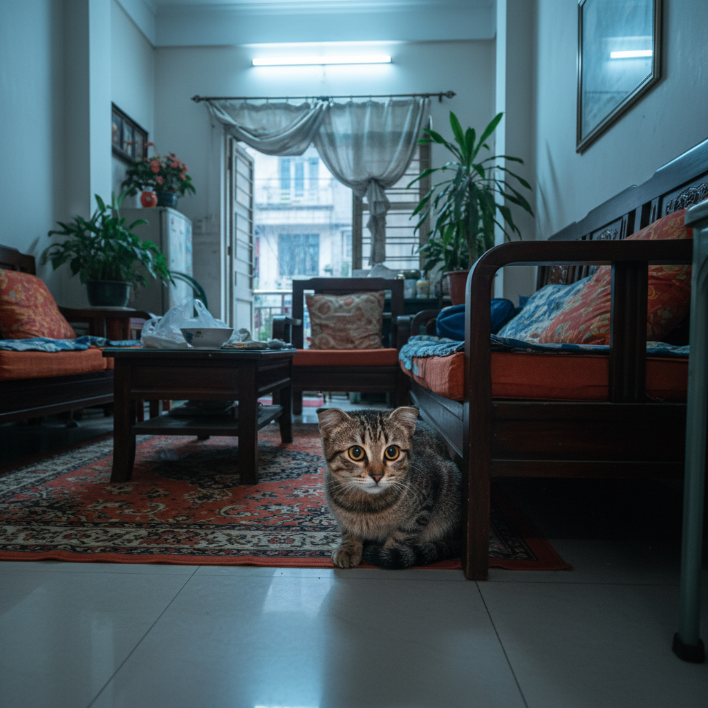 Photorealistic, 4k, wide shot of a living room in a Vietnamese apartment. A small tabby cat is hiding under a sofa, looking anxious and stressed. The scene conveys a sense of unease.