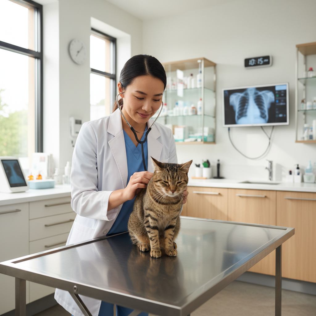 A professional and friendly female Asian veterinarian is gently examining a calm tabby cat on a stainless steel table in a bright, modern veterinary clinic. She is using a stethoscope. The clinic is clean and well-equipped. Photorealistic, 4K.