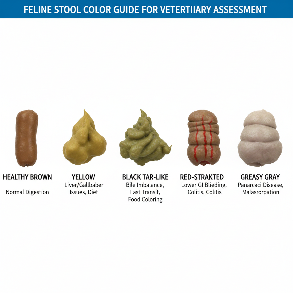 An educational infographic chart for veterinarians, displaying different cat stool colors in a row: healthy brown, yellow, green, black tar-like, red-streaked, and greasy gray. Each sample is clearly labeled in English with its potential meaning. Clean, clinical, white background, photorealistic texture.