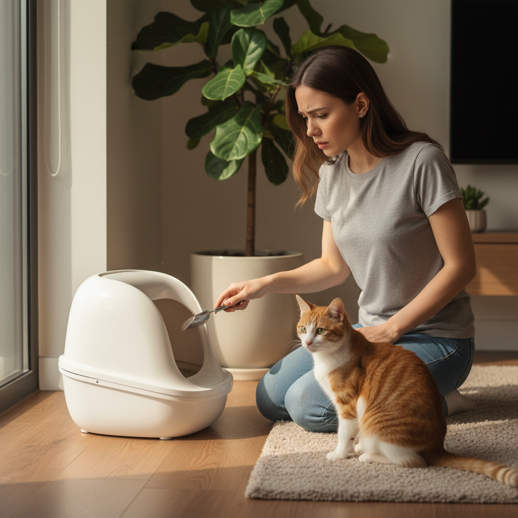 A concerned young Vietnamese pet owner wearing casual clothes is carefully observing their cat's litter box with a worried expression. The cat, a domestic shorthair, is sitting nearby, looking healthy. The scene is in a clean, modern apartment. Photorealistic, 4k, natural lighting.