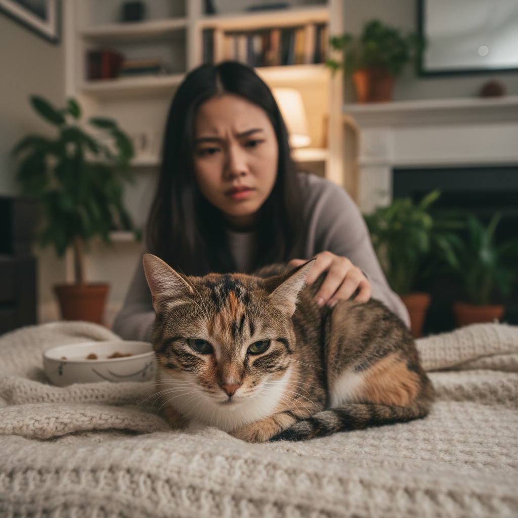 Photorealistic, 4k, a cute domestic shorthair cat looking unwell and sad, lying on a soft blanket in a cozy living room, with a worried Vietnamese owner gently stroking it in the background.