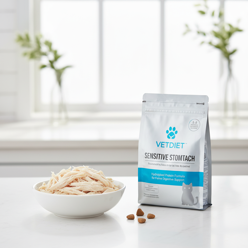 Photorealistic, commercial product shot, 4k, a bowl of plain boiled chicken shreds next to a bag of specialized veterinary diet cat food for sensitive stomachs. The background is clean and bright.