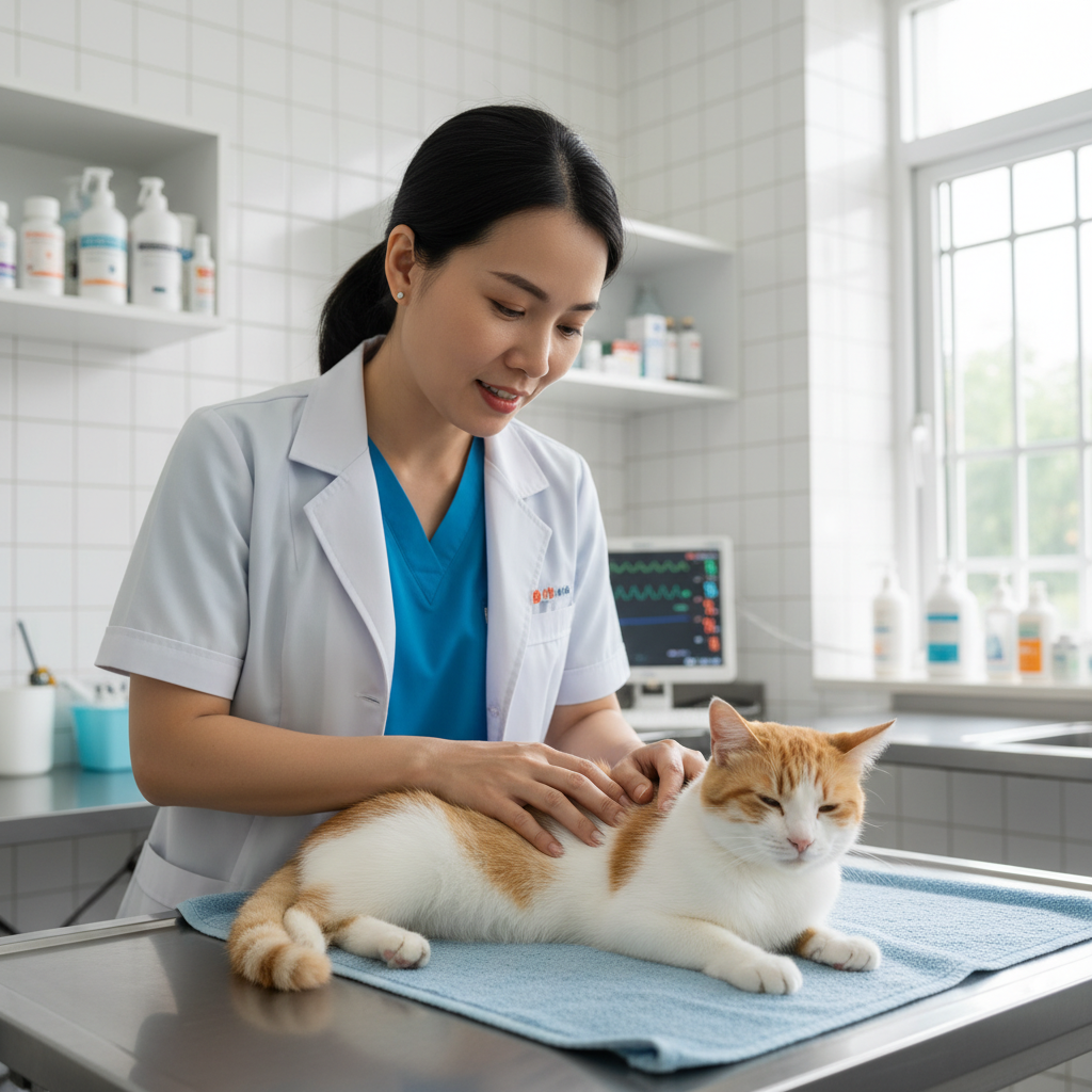 Real-life, 4k, close-up shot of a caring female Vietnamese veterinarian gently examining a calm domestic cat on an examination table in a bright, clean vet clinic.