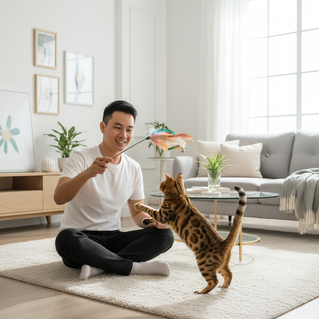 A heartwarming, photorealistic 4k shot of a young Vietnamese man playing with his energetic Bengal cat using a feather wand toy in a bright, modern living room. The cat is happy and engaged.