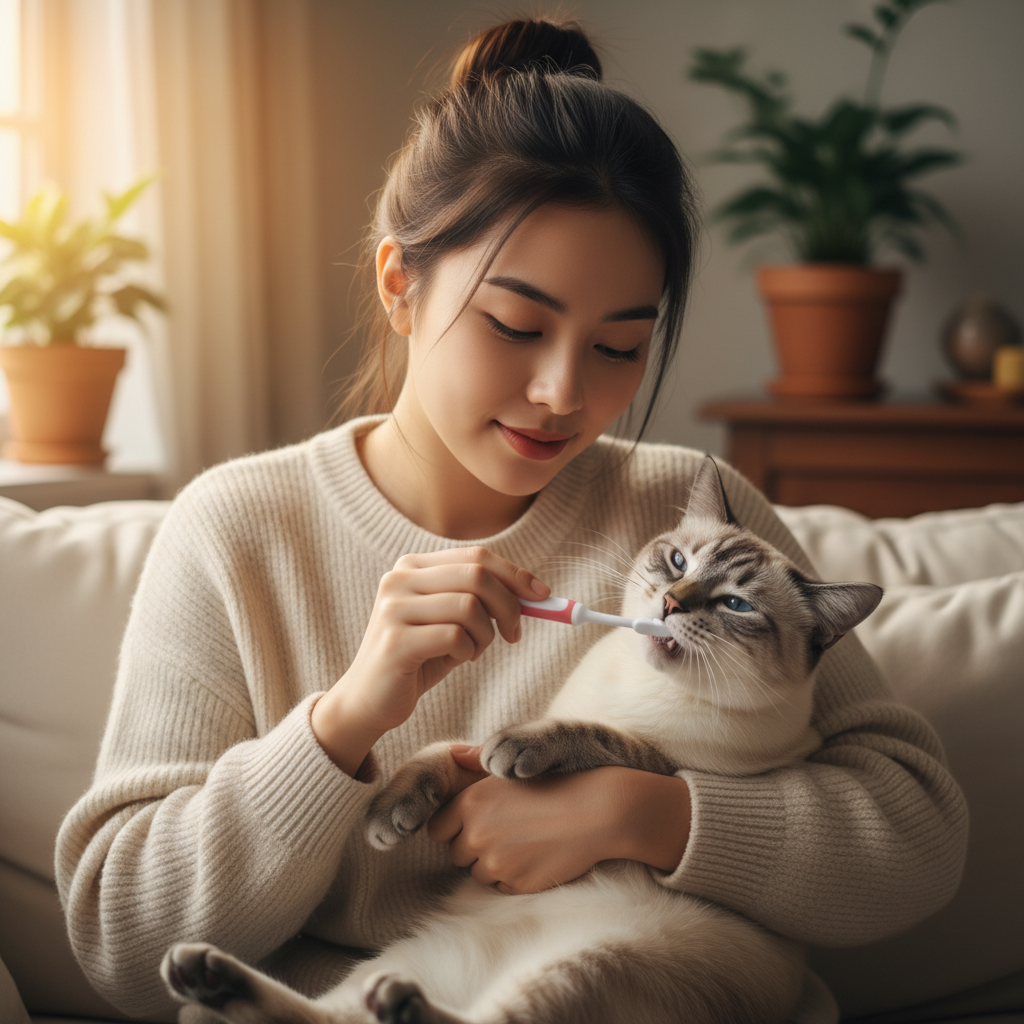 Photorealistic, 4k, a warm and gentle scene of a young Vietnamese woman patiently and lovingly brushing her Siamese cat's teeth. The cat is calm and cooperative. The focus is on the positive interaction and care.