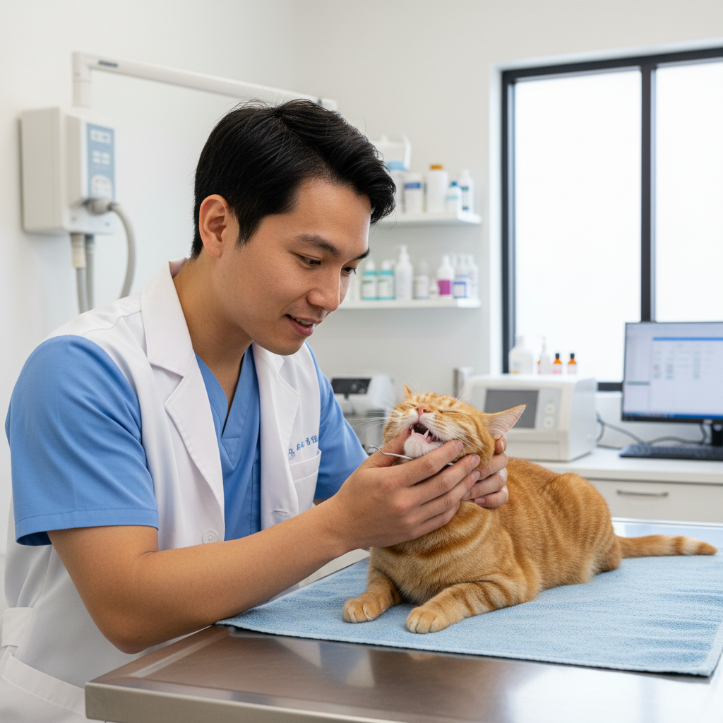Photorealistic 4k shot of a friendly Asian male veterinarian in scrubs, gently examining the teeth of a calm cat in a clean, modern veterinary clinic. The focus is on professionalism and gentle care.