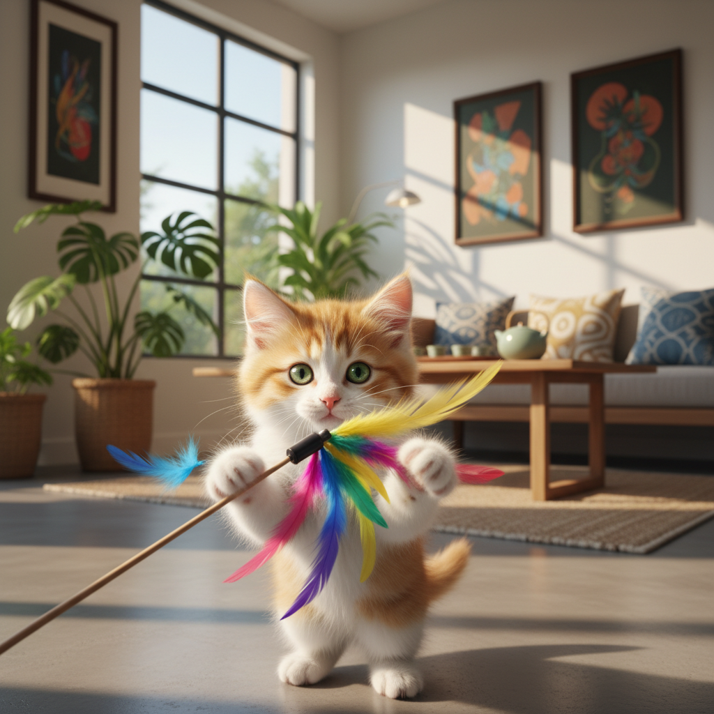Photorealistic shot of a healthy, adorable fluffy kitten playing with a colorful feather toy in a sunlit, modern Vietnamese living room. The focus is sharp on the kitten's bright eyes. 4k resolution.