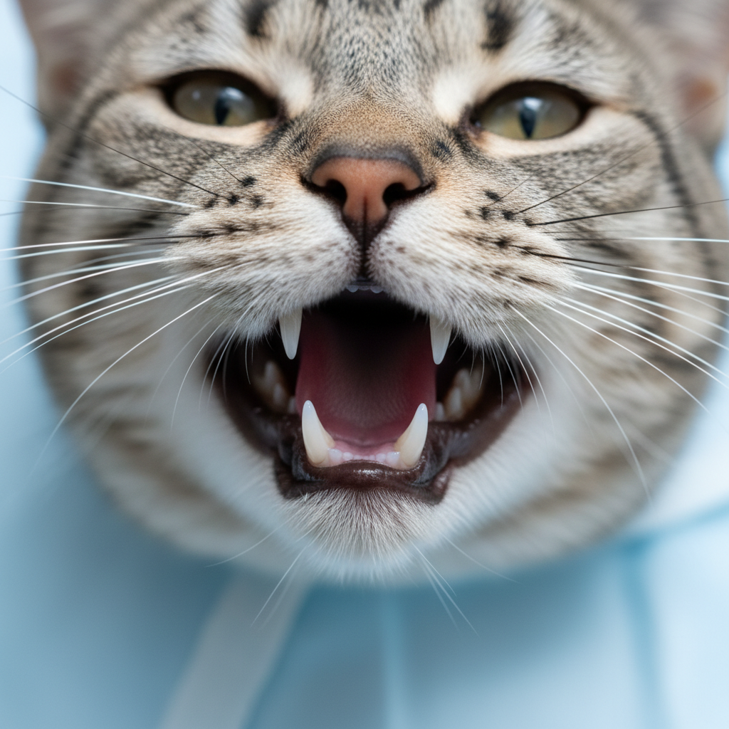 A detailed, macro photograph in 4k, showing the mouth of a cat with early signs of gingivitis. The gums are slightly red and puffy around the base of the teeth. The lighting is clinical and clear to highlight the condition. Do not show any distress.