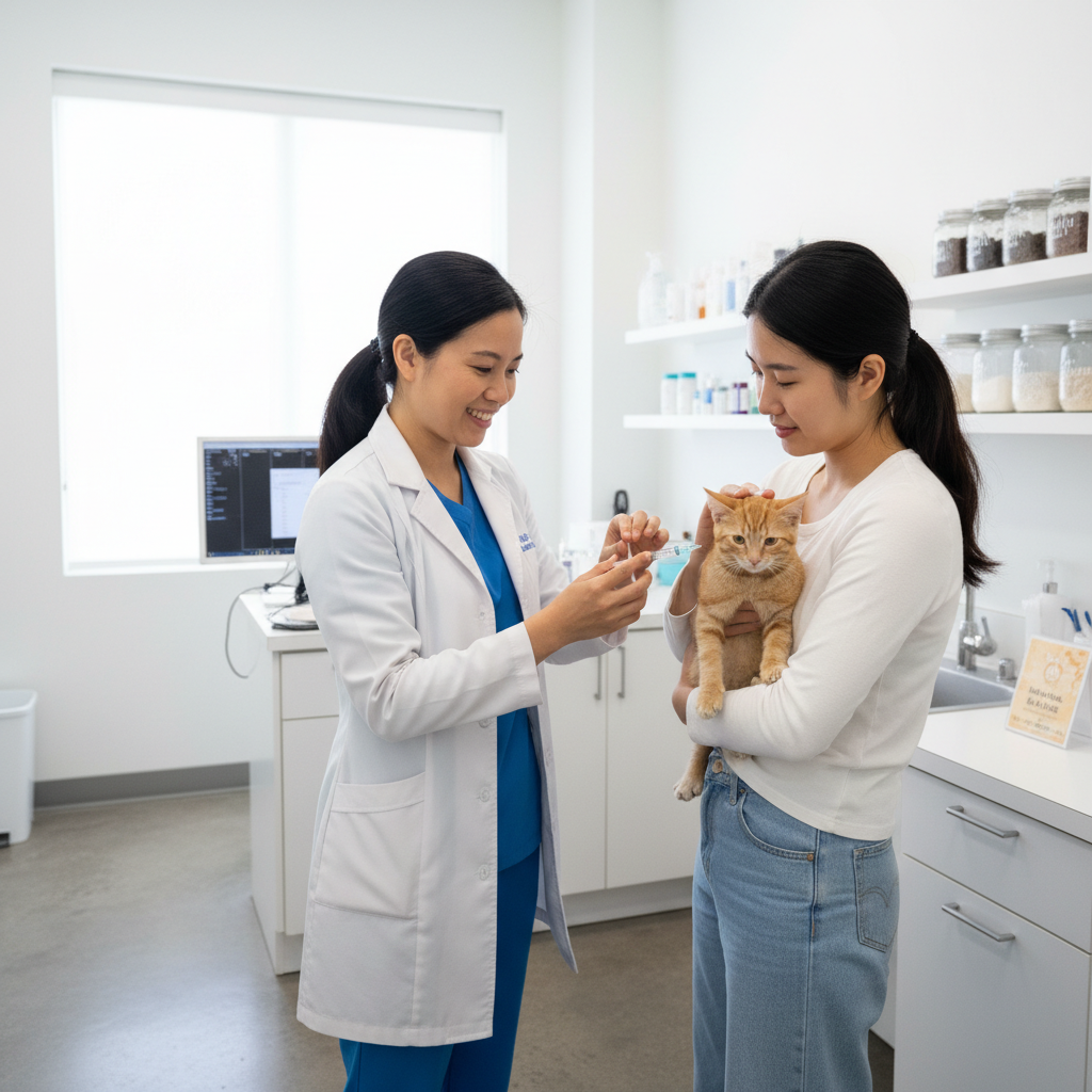 A kind female Vietnamese veterinarian in a clean, modern clinic is gently administering a vaccine to a calm ginger kitten. The cat's owner, an Asian woman, is holding the kitten reassuringly. The atmosphere is professional and caring. 4K, realistic.