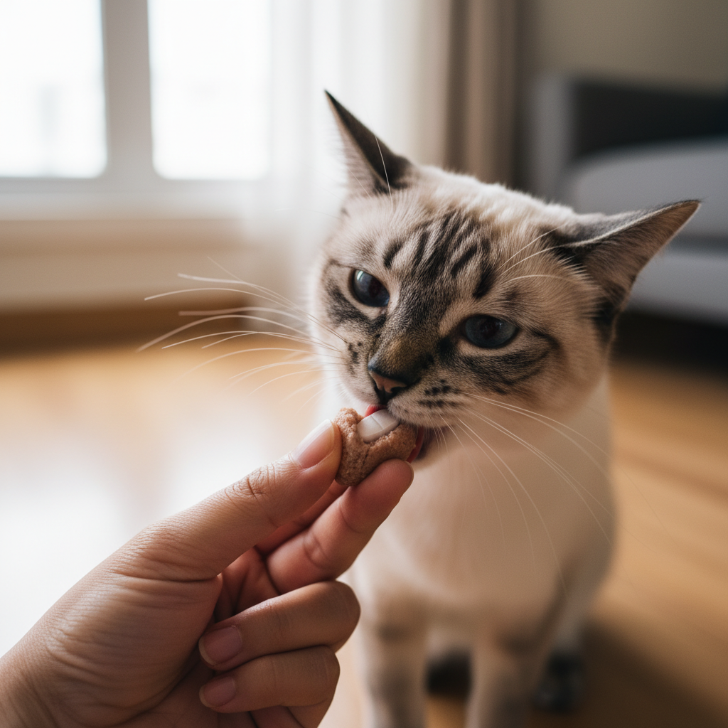 Close-up, real-life photo of a Vietnamese person's hand carefully giving a deworming tablet hidden inside a tasty cat treat to their Siamese cat. The cat is focused and eagerly eating the treat, unaware of the medicine. Bright, indoor lighting. 4k.