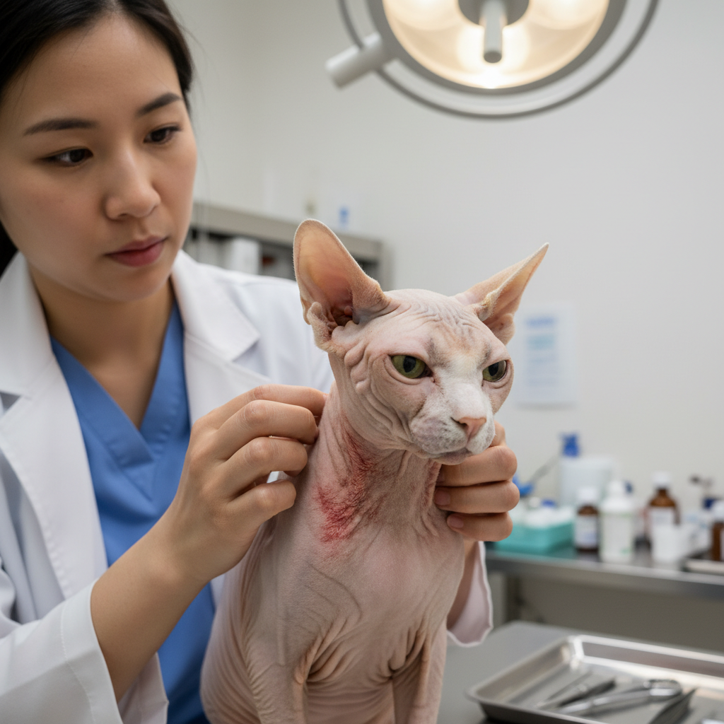 A real-life 4k photo of a Sphynx cat with visible red, inflamed, and irritated skin patches on its neck and chest, clearly showing an allergic skin reaction. An Asian veterinarian is gently examining the cat.