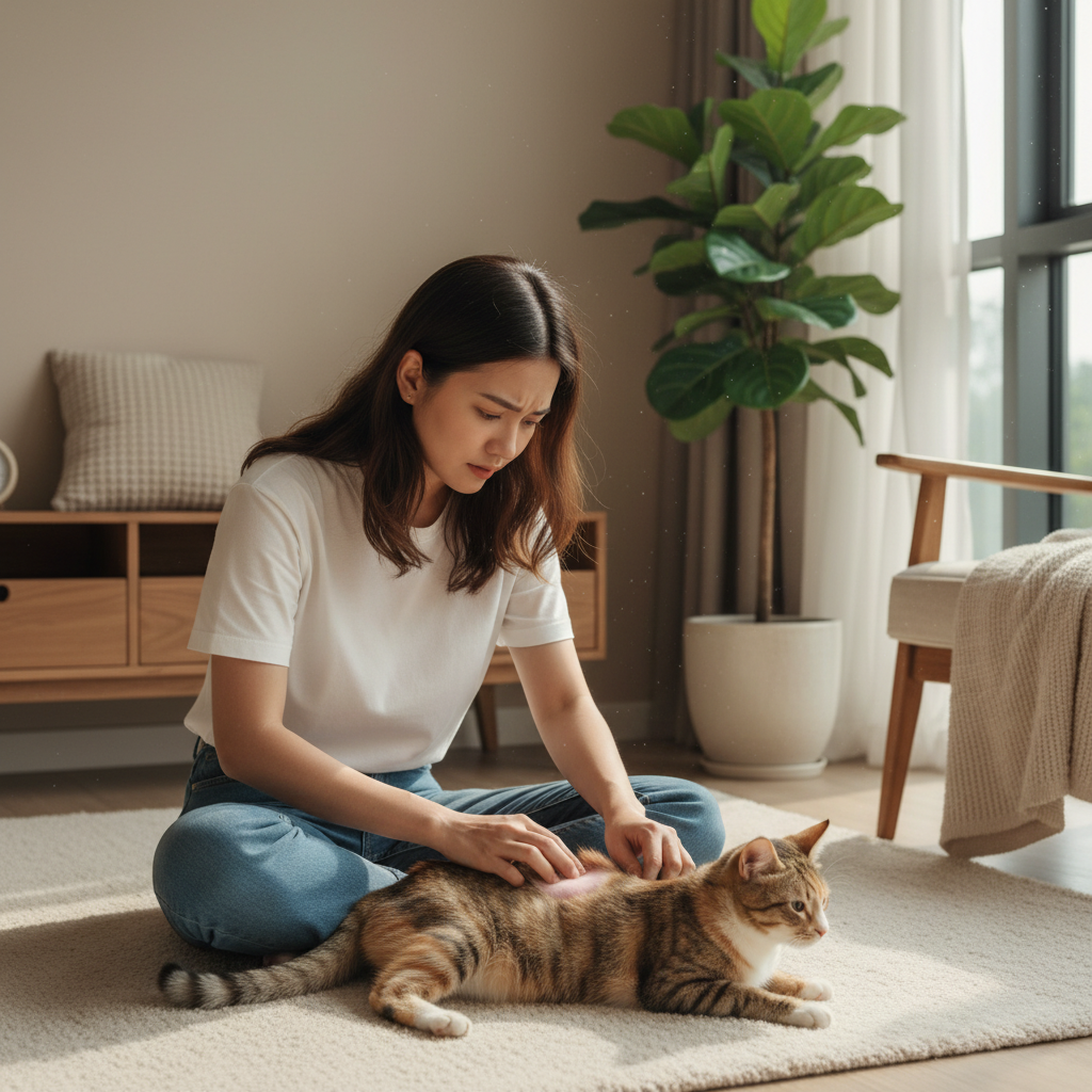 A concerned young Vietnamese woman is sitting on the floor, gently parting the fur on her tabby cat's back to inspect its skin. The scene is warm and caring, in a modern apartment.