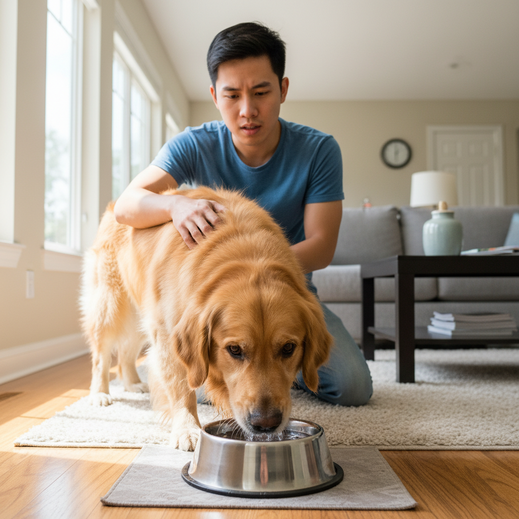 Photorealistic, real-life 4k photo of a sad-looking Golden Retriever drinking an excessive amount of water from a bowl. Its concerned young Vietnamese owner is gently petting its back. The scene is in a well-lit living room.